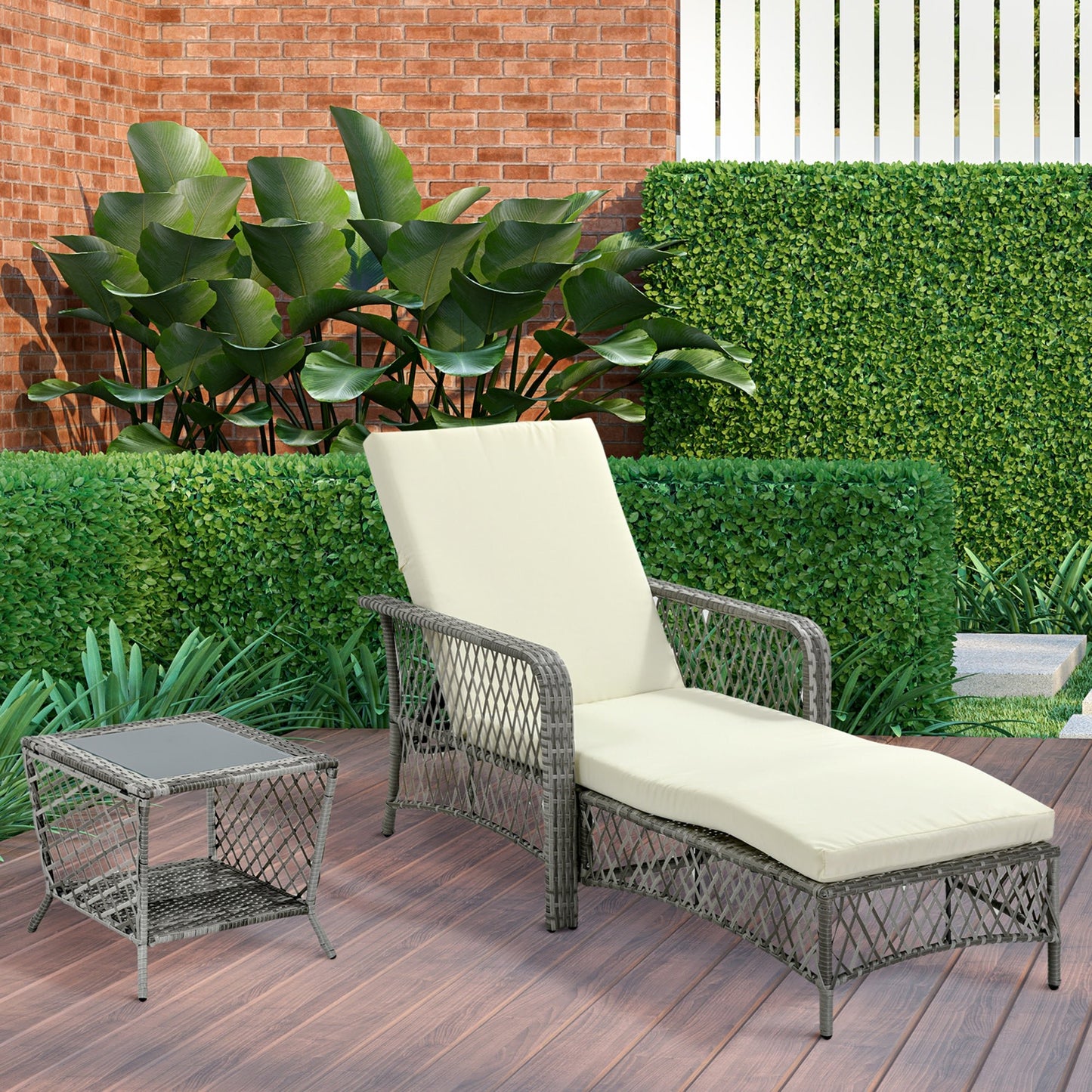 Wicker Patio Lounge Set with Cushions, Reclining Chaise & Coffee Table, Cream Chaise Loungers Multi Colour  at Gallery Canada