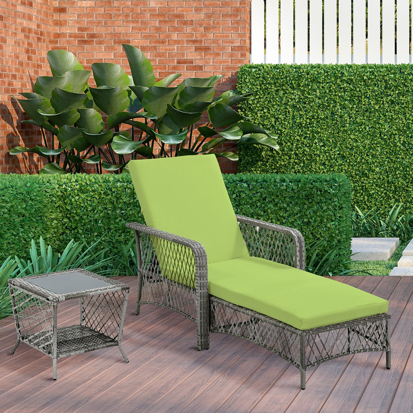 Wicker Patio Lounge Set with Cushions, Reclining Chaise & Coffee Table, Green Chaise Loungers Multi Colour  at Gallery Canada