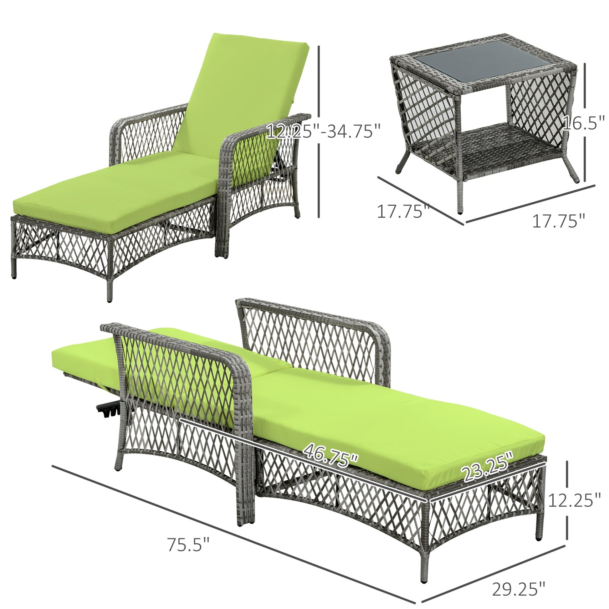 Wicker Patio Lounge Set with Cushions, Reclining Chaise & Coffee Table, Green Chaise Loungers   at Gallery Canada