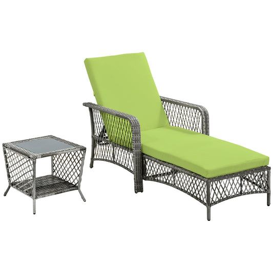 Wicker Patio Lounge Set with Cushions, Reclining Chaise & Coffee Table, Green Chaise Loungers   at Gallery Canada