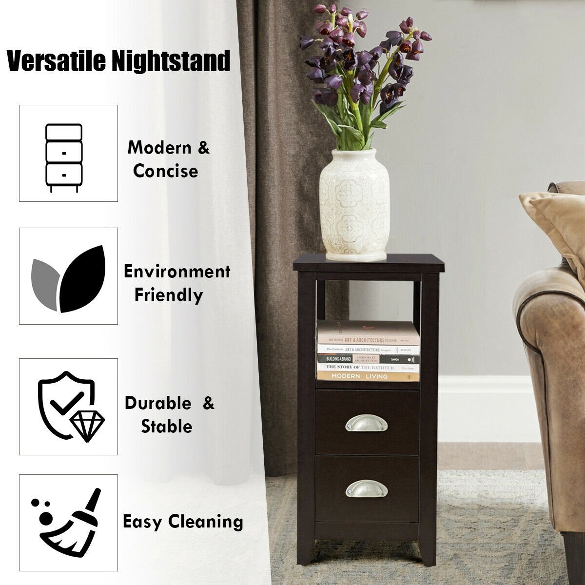 2 Pieces Wooden Bed-side Nightstand Set with 2 Drawers, Dark Brown Nightstands   at Gallery Canada