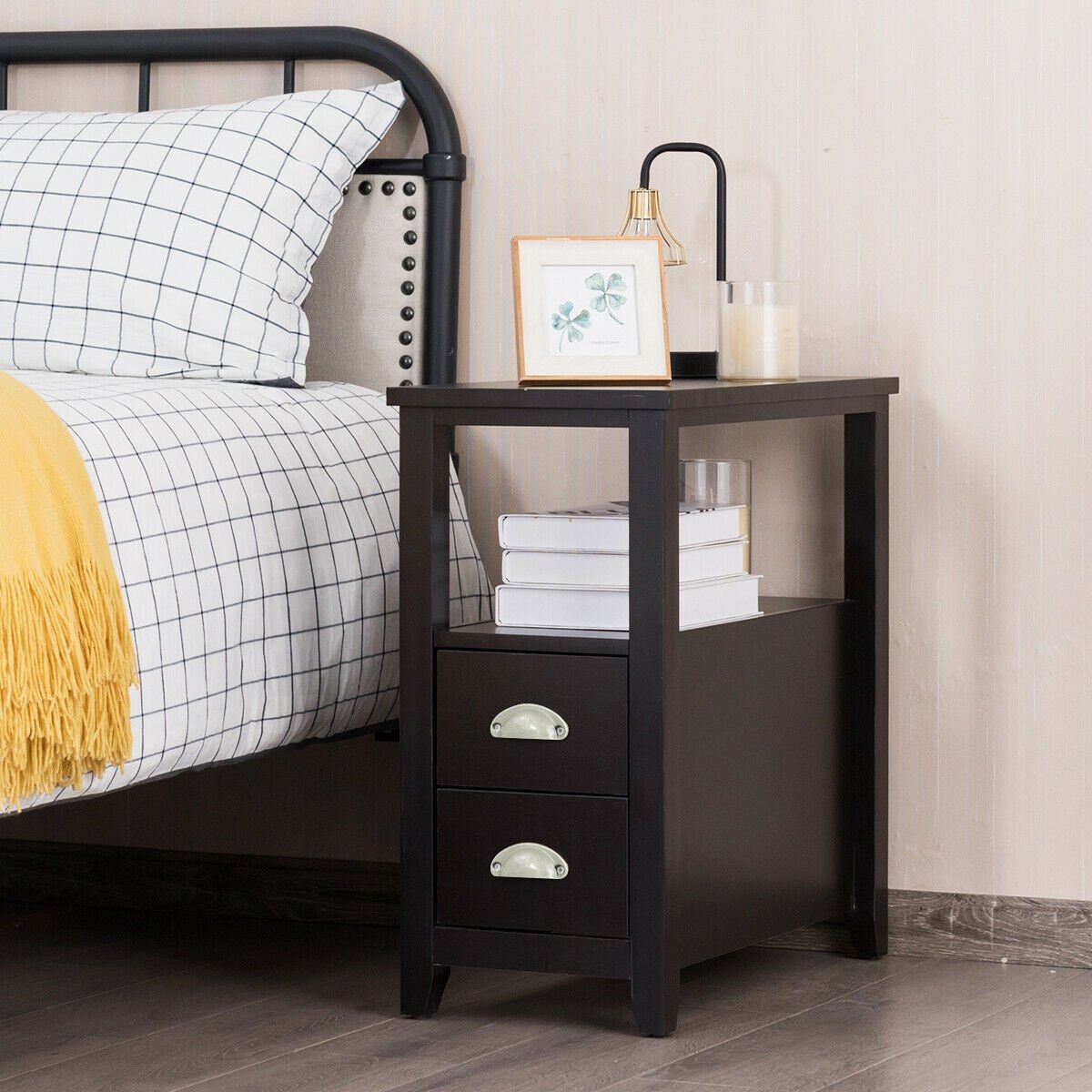 2 Pieces Wooden Bed-side Nightstand Set with 2 Drawers, Dark Brown Nightstands   at Gallery Canada