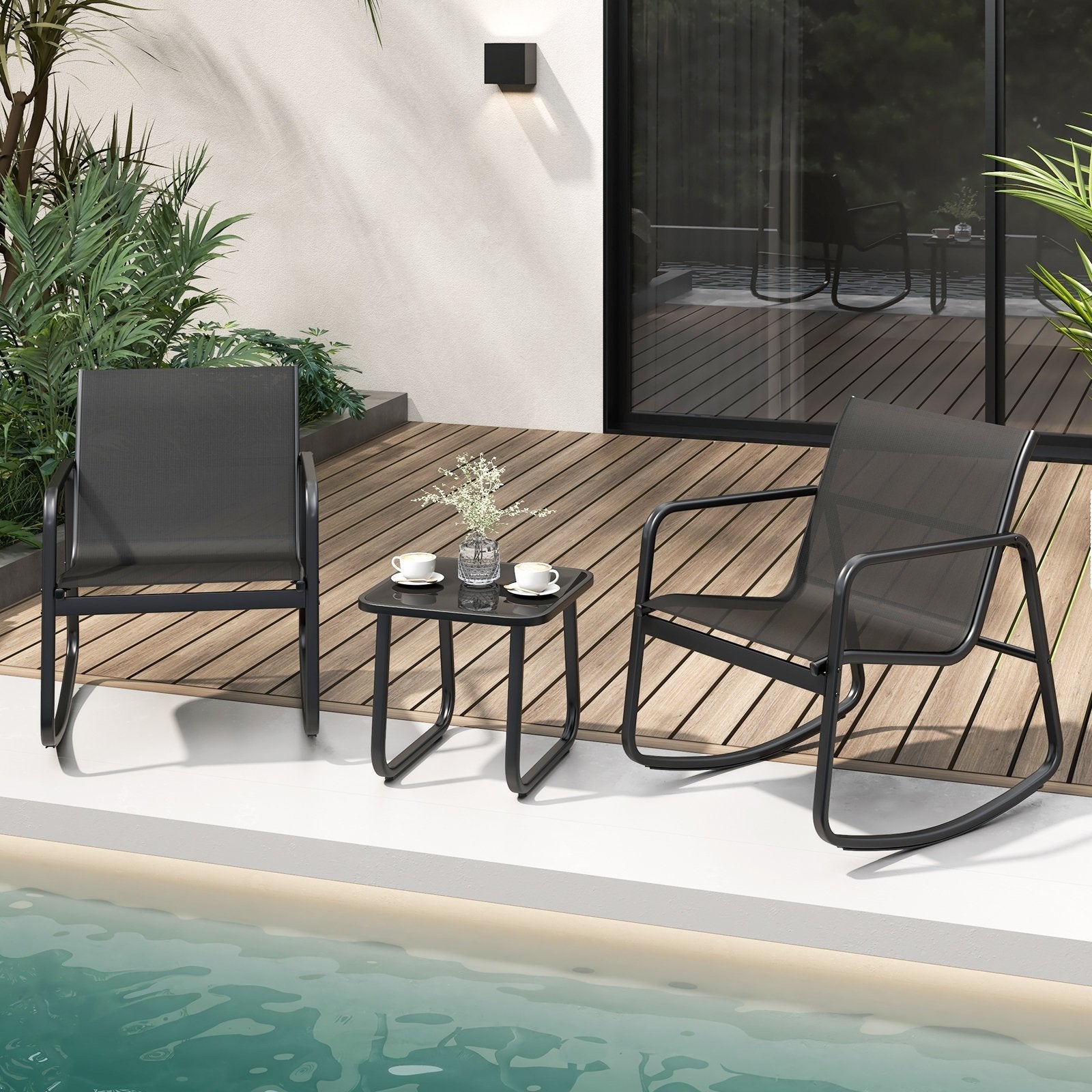 2 Rocking Bistro Chairs and Glass-Top Table for Porch Yard Balcony, Black Patio Conversation Sets   at Gallery Canada