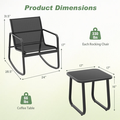 2 Rocking Bistro Chairs and Glass-Top Table for Porch Yard Balcony, Black Patio Conversation Sets   at Gallery Canada