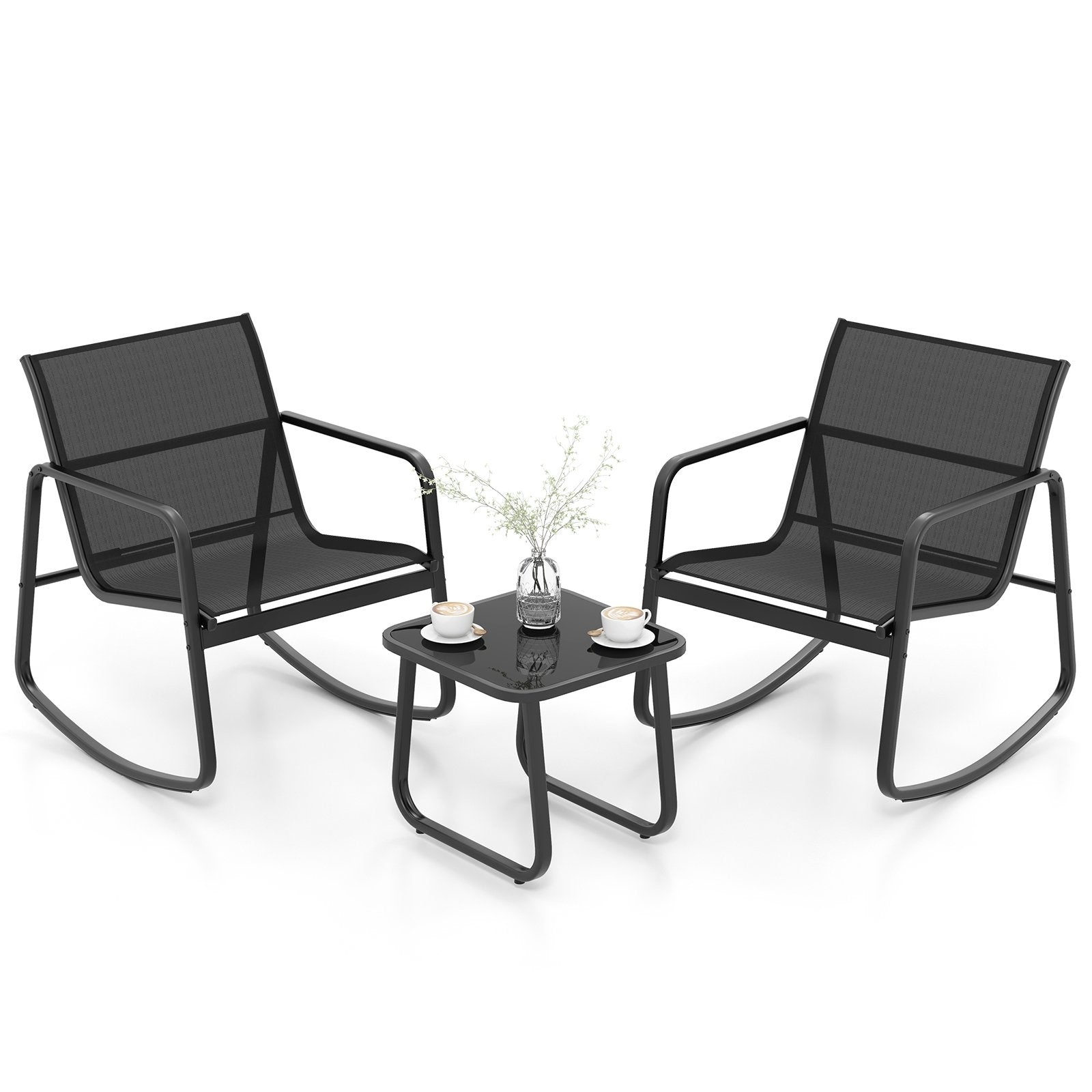 2 Rocking Bistro Chairs and Glass-Top Table for Porch Yard Balcony, Black Patio Conversation Sets   at Gallery Canada