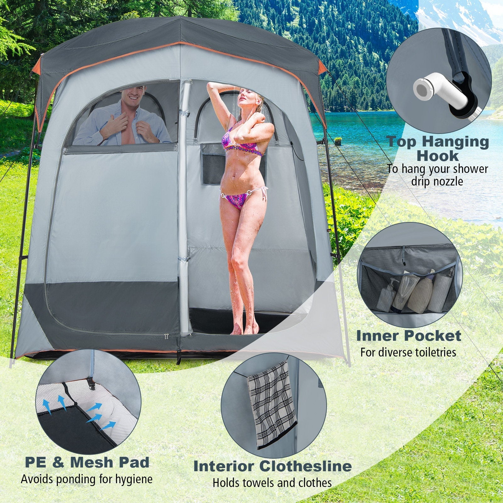 2 Rooms Oversize Privacy Shower Tent with Removable Rain Fly and Inside Pocket, Gray Tents   at Gallery Canada