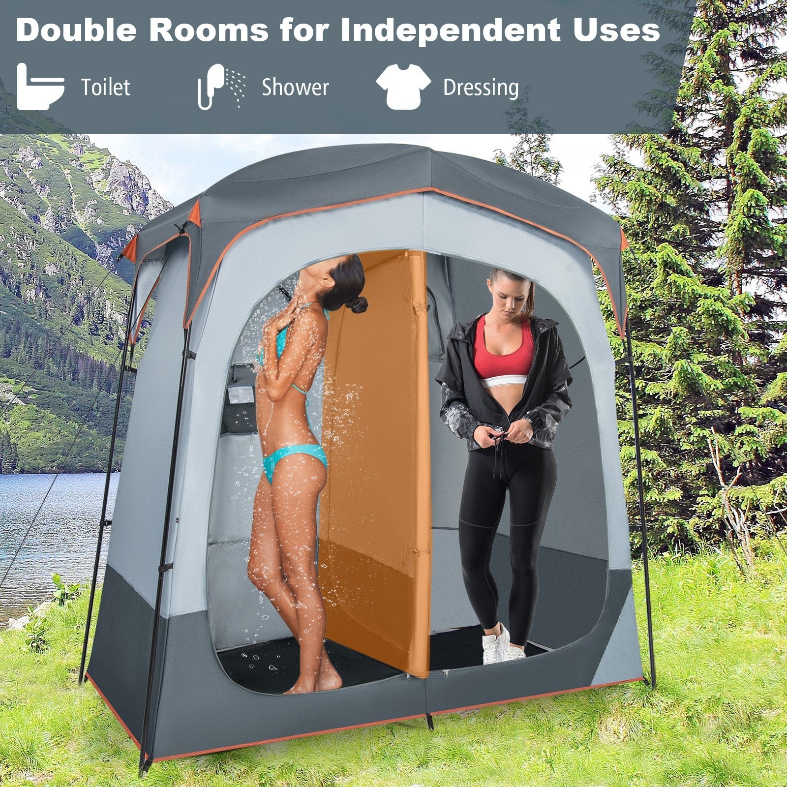 2 Rooms Oversize Privacy Shower Tent with Removable Rain Fly and Inside Pocket, Gray Tents   at Gallery Canada