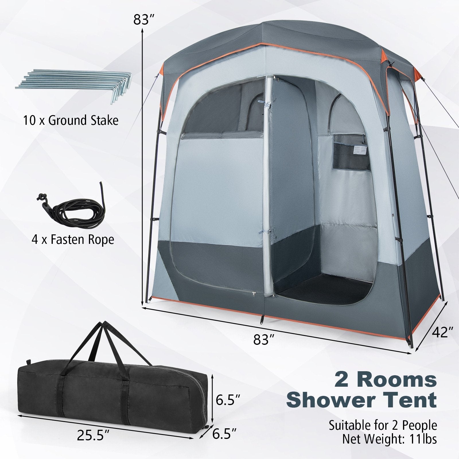 2 Rooms Oversize Privacy Shower Tent with Removable Rain Fly and Inside Pocket, Gray Tents   at Gallery Canada