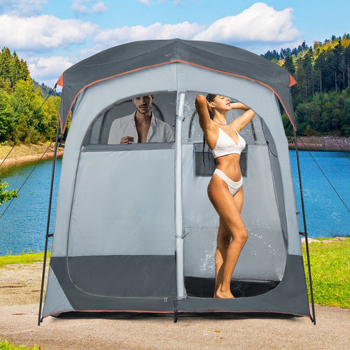 2 Rooms Oversize Privacy Shower Tent with Removable Rain Fly and Inside Pocket, Gray