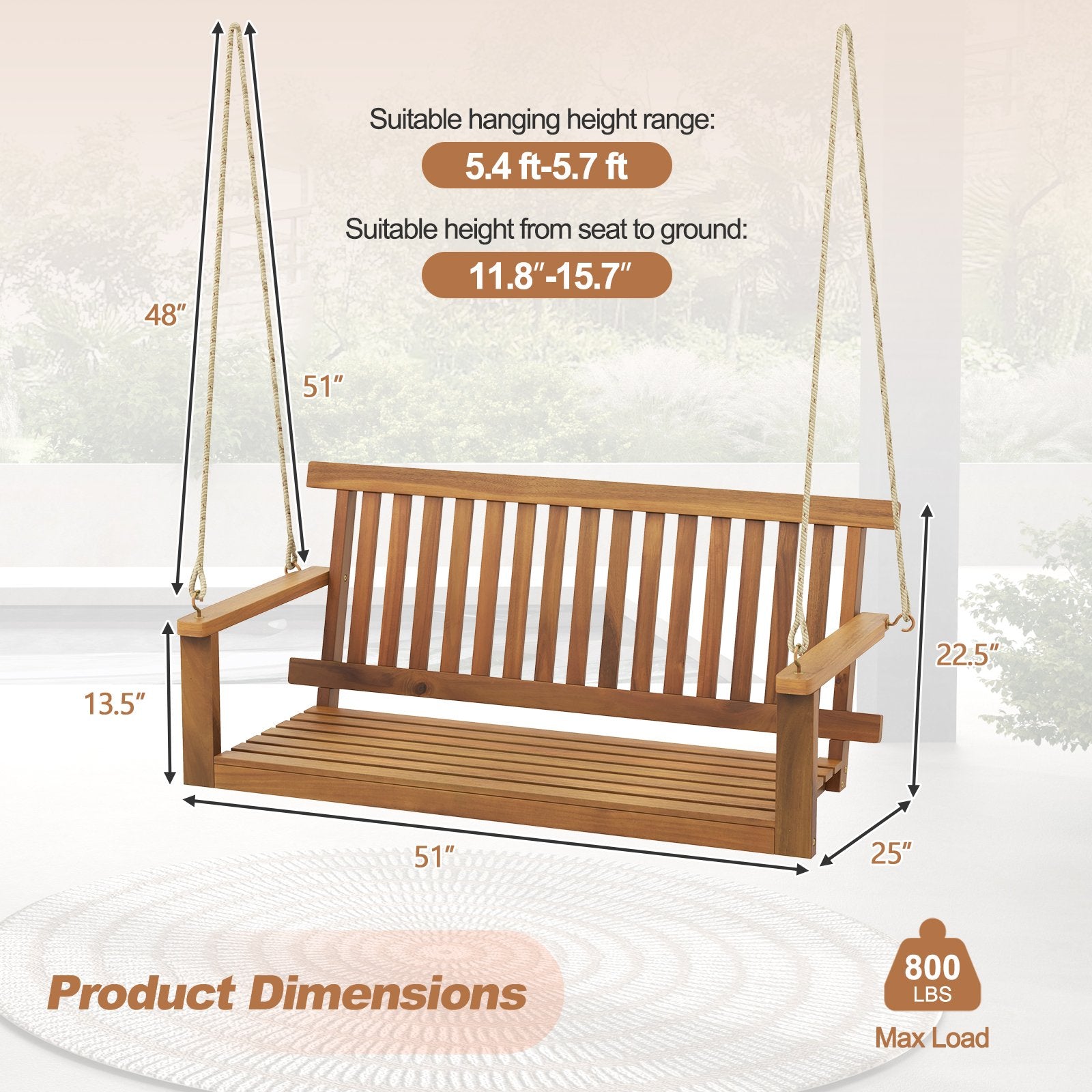 2-Seat Acacia Wood Porch Swing Bench with 2 Hanging Hemp Ropes, Natural Porch Swings   at Gallery Canada