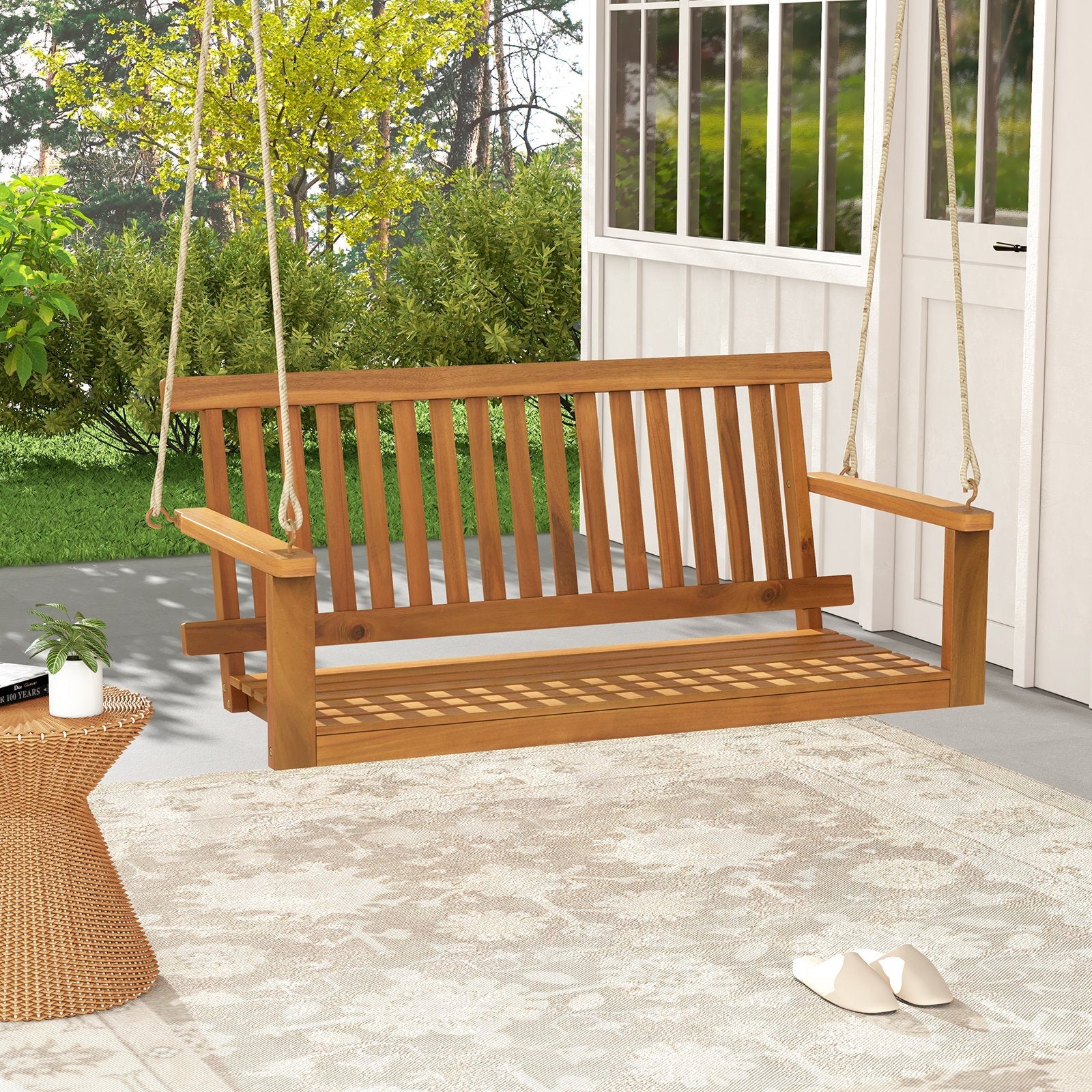 2-Seat Acacia Wood Porch Swing Bench with 2 Hanging Hemp Ropes, Natural Porch Swings   at Gallery Canada