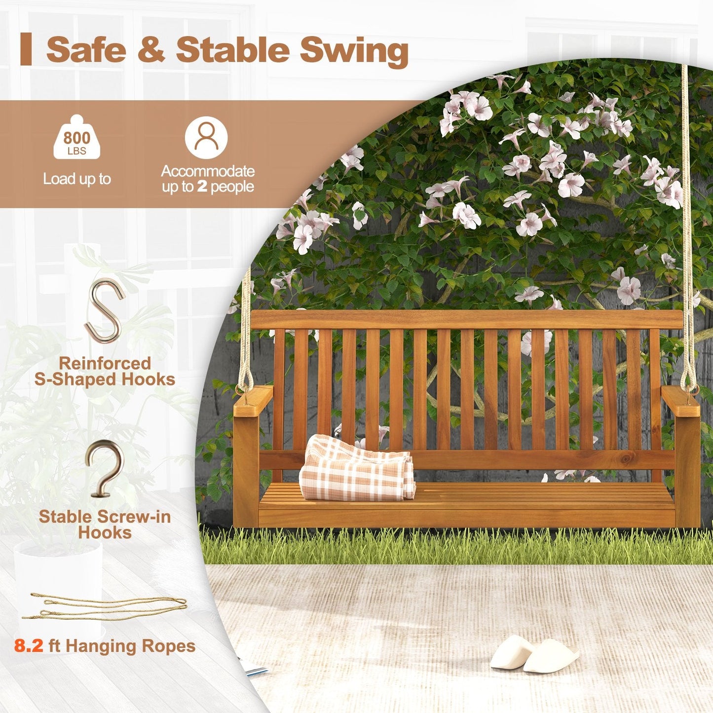 2-Seat Acacia Wood Porch Swing Bench with 2 Hanging Hemp Ropes, Natural Porch Swings   at Gallery Canada