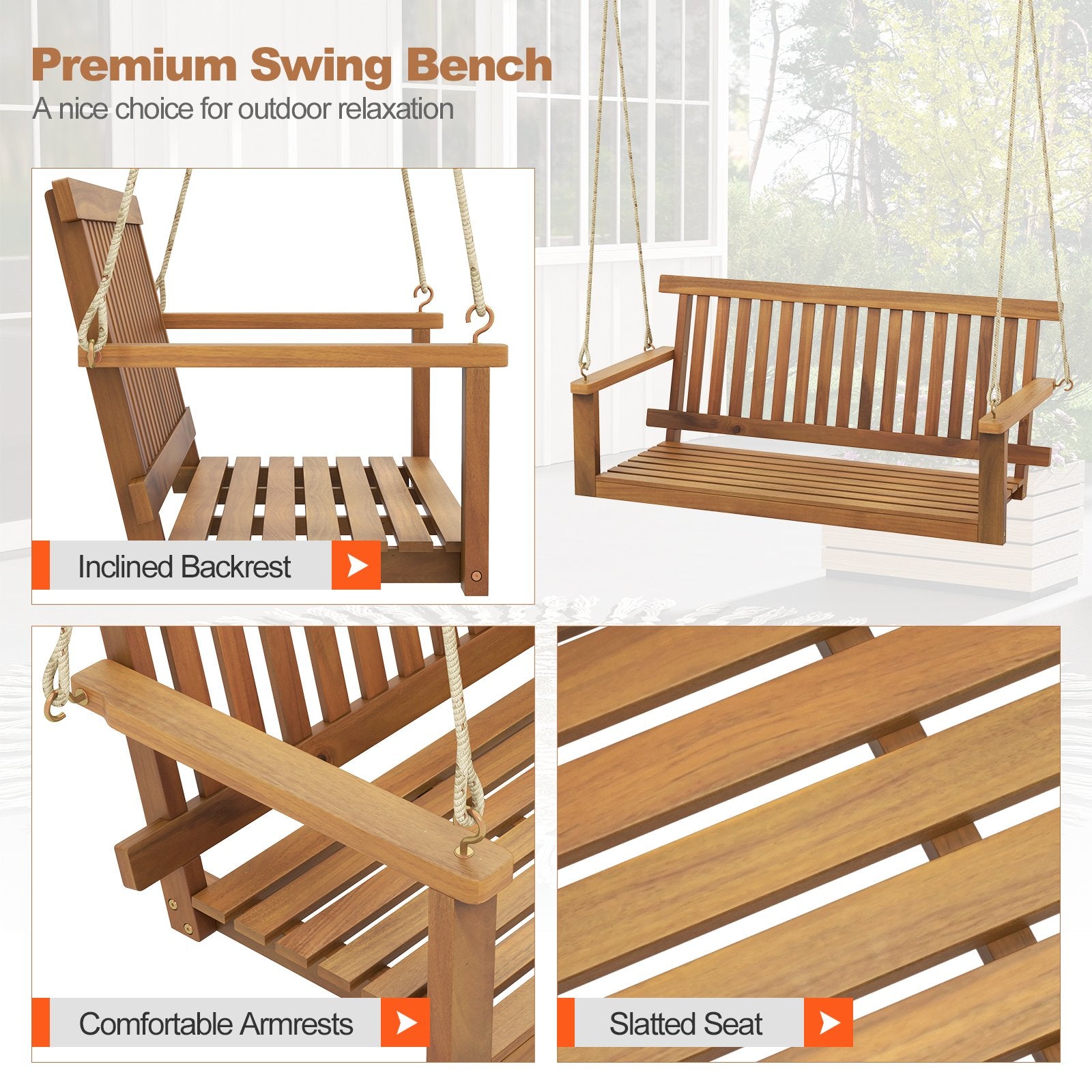 2-Seat Acacia Wood Porch Swing Bench with 2 Hanging Hemp Ropes, Natural Porch Swings   at Gallery Canada