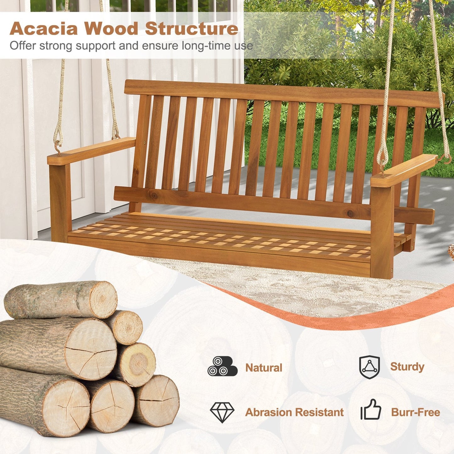 2-Seat Acacia Wood Porch Swing Bench with 2 Hanging Hemp Ropes, Natural Porch Swings   at Gallery Canada