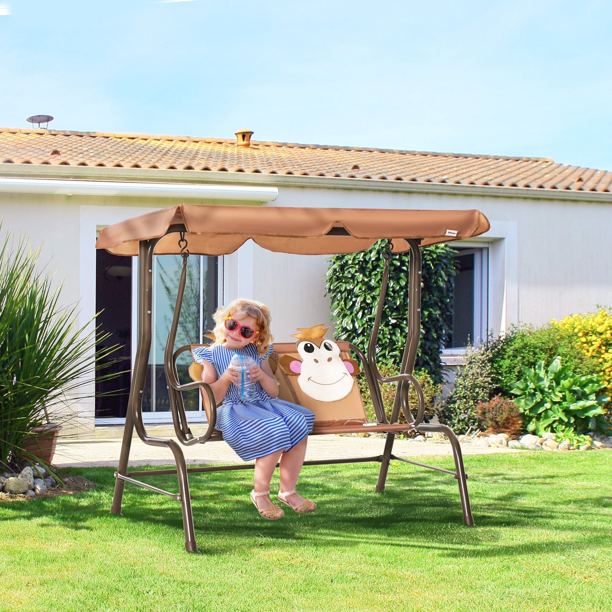 Monkey Pattern Kids Patio Swing Chair with Canopy & Seat Belt, Ages 3-6, Coffee Gym Sets & Swings   at Gallery Canada