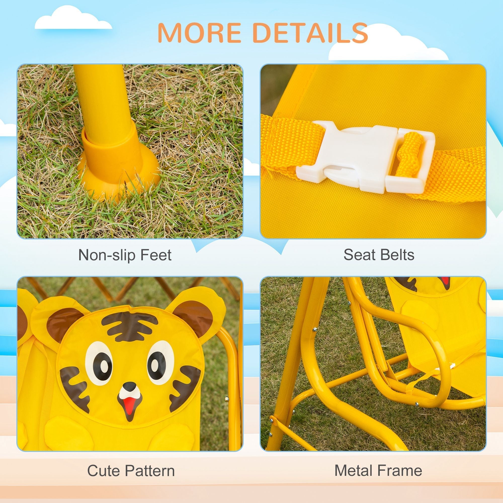 Tiger Pattern Kids Patio Swing Chair with Canopy and Seat Belt, Yellow Gym Sets & Swings   at Gallery Canada