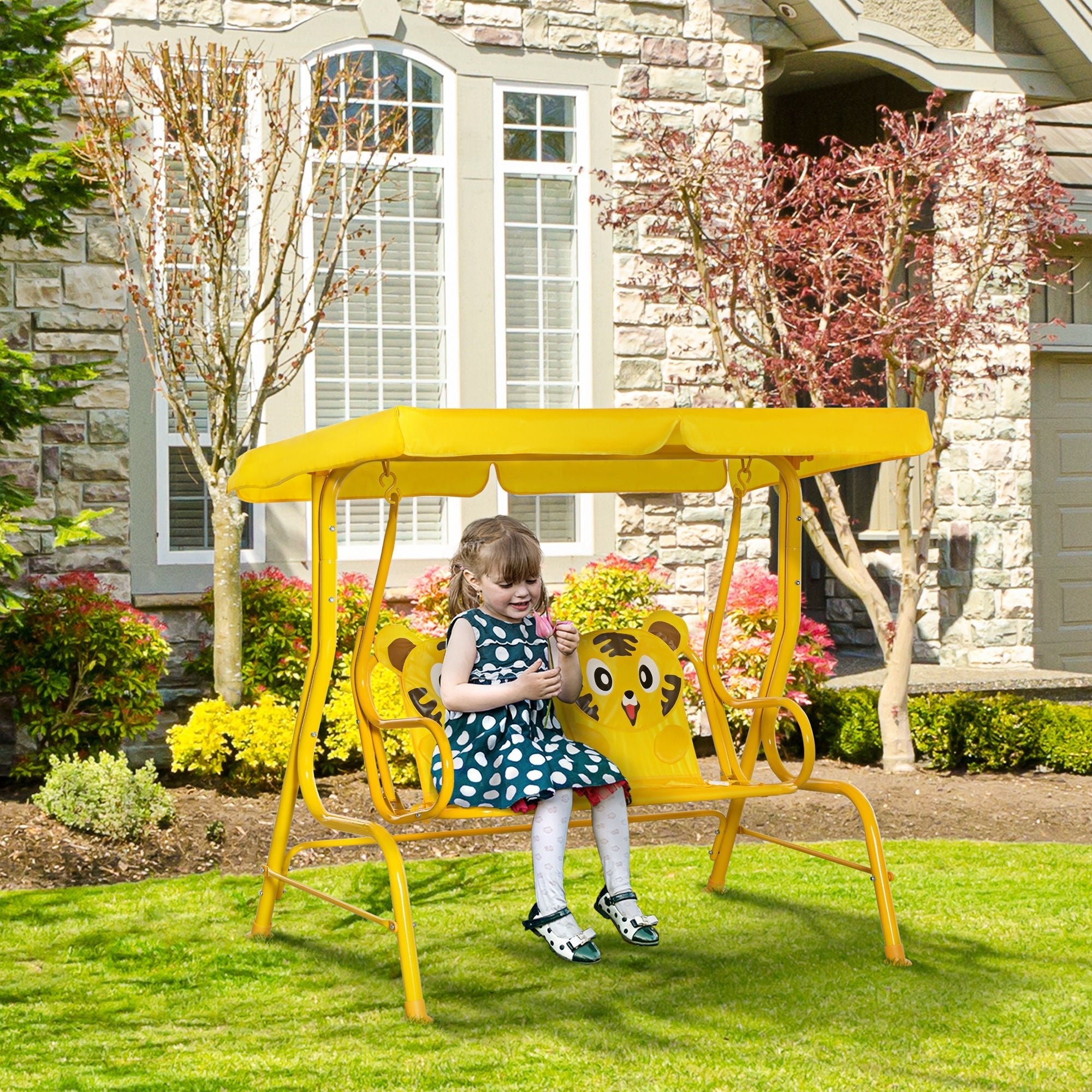 Tiger Pattern Kids Patio Swing Chair with Canopy and Seat Belt, Yellow Gym Sets & Swings   at Gallery Canada