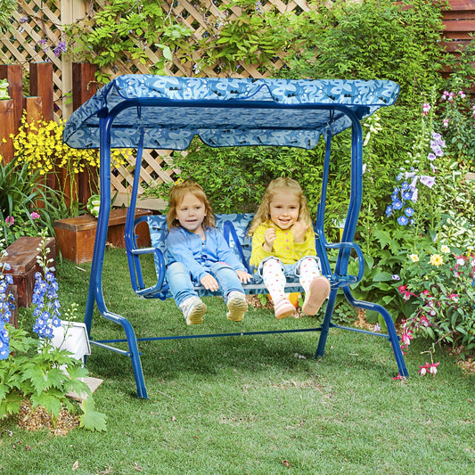 2-Seat Kids Swing Chair Outdoor with Adjustable Canopy Seat Belt, Patio Swing for Porch Backyard, Shark Pattern 43.25" x 27.5" x 43.25" Gym Sets & Swings Blue  at Gallery Canada