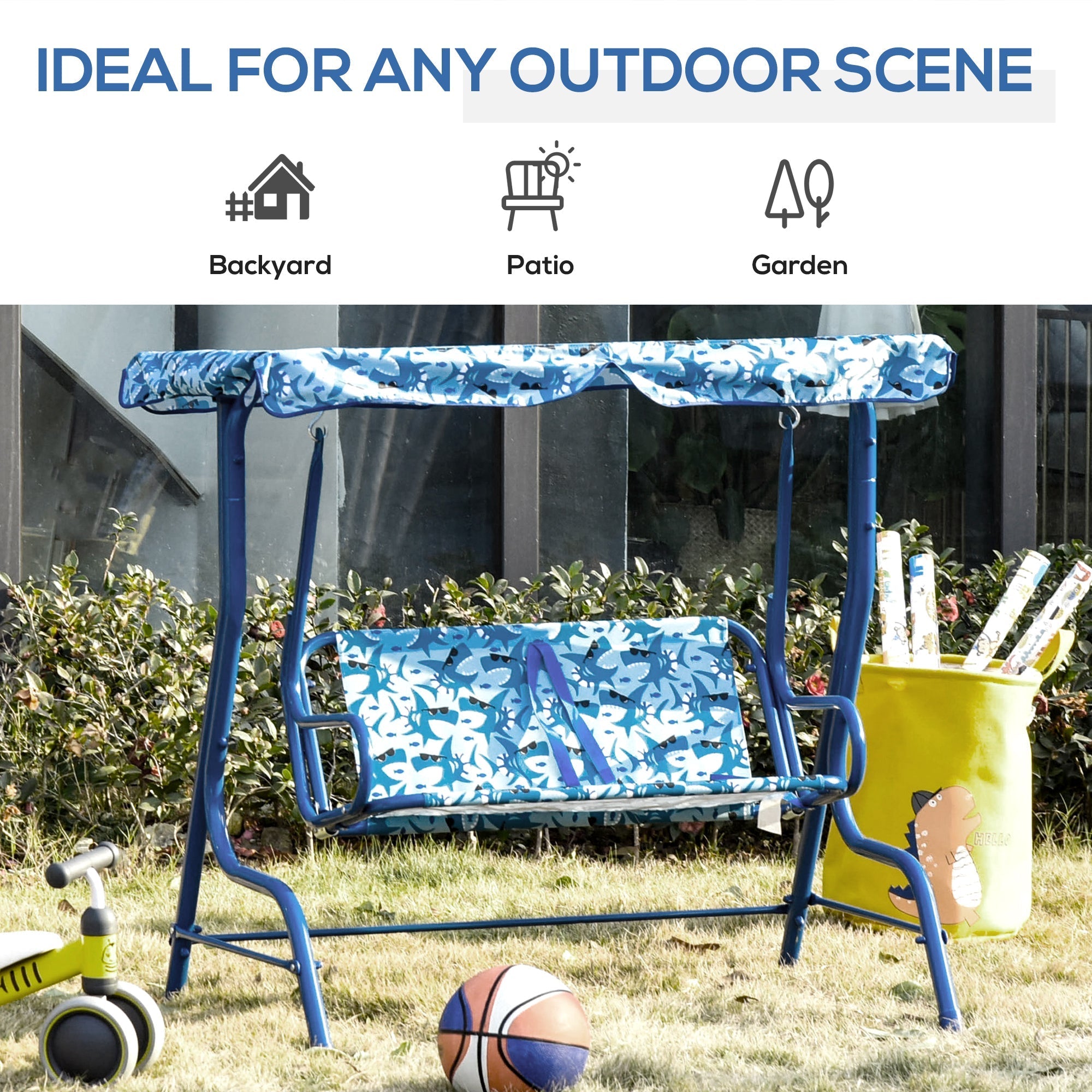 2-Seat Kids Swing Chair Outdoor with Adjustable Canopy Seat Belt, Patio Swing for Porch Backyard, Shark Pattern 43.25