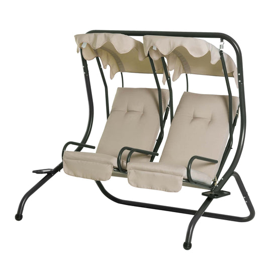 2 Seat Modern Outdoor Swing Chairs With Handrails and Removable Canopy - Beige - Gallery Canada