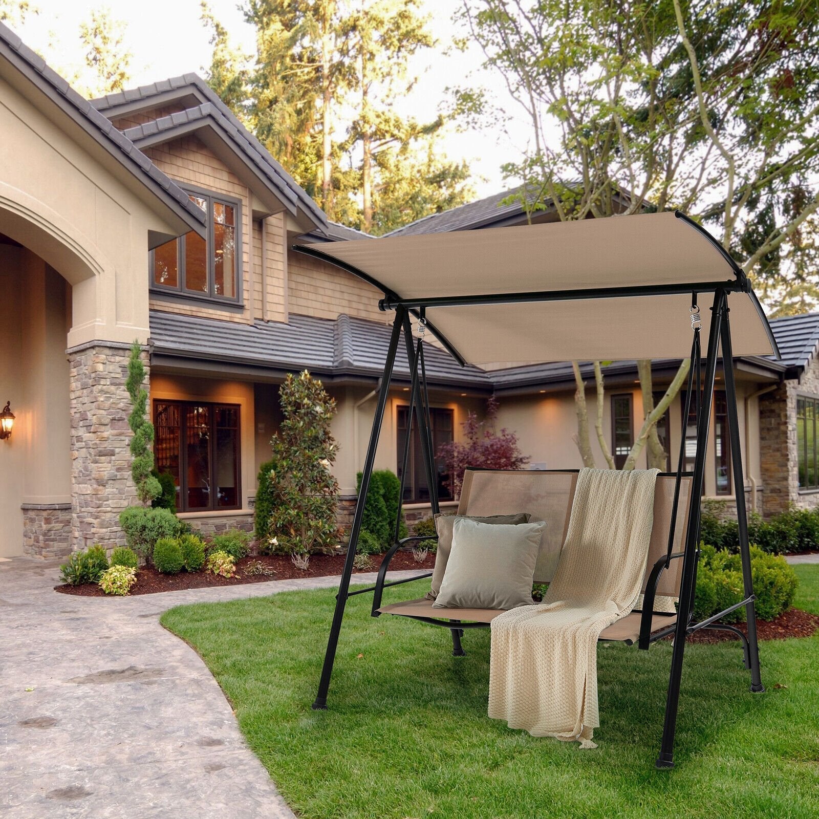 2-Seat Outdoor Canopy Swing with Comfortable Fabric Seat and Heavy-duty Metal Frame, Beige Porch Swings   at Gallery Canada