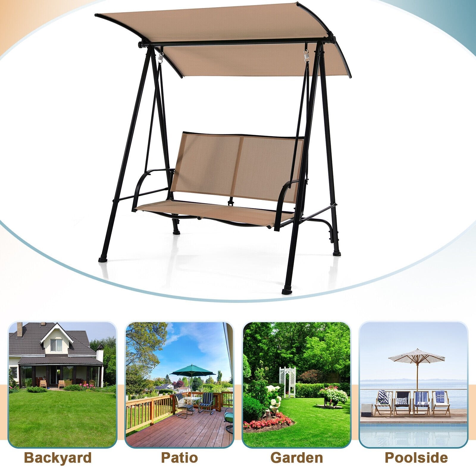 2-Seat Outdoor Canopy Swing with Comfortable Fabric Seat and Heavy-duty Metal Frame, Beige Porch Swings   at Gallery Canada