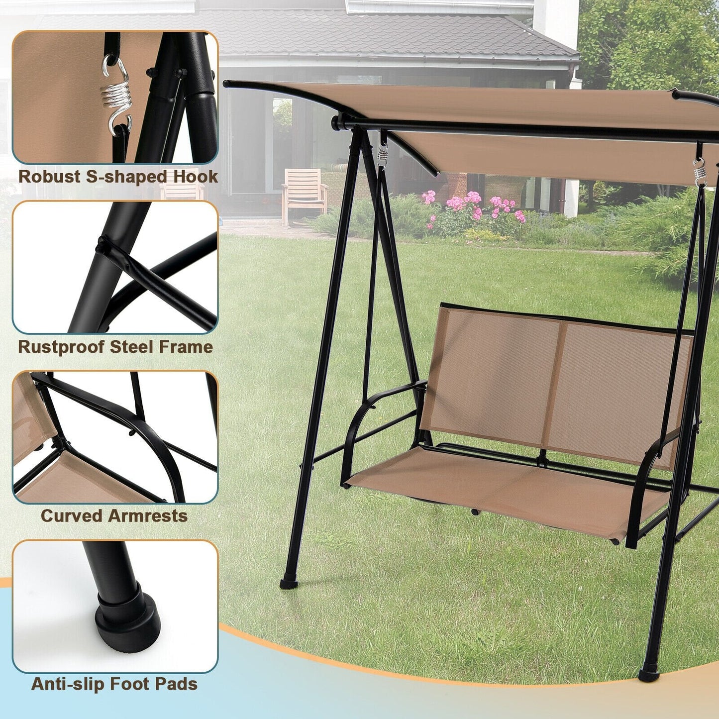 2-Seat Outdoor Canopy Swing with Comfortable Fabric Seat and Heavy-duty Metal Frame, Beige Porch Swings   at Gallery Canada