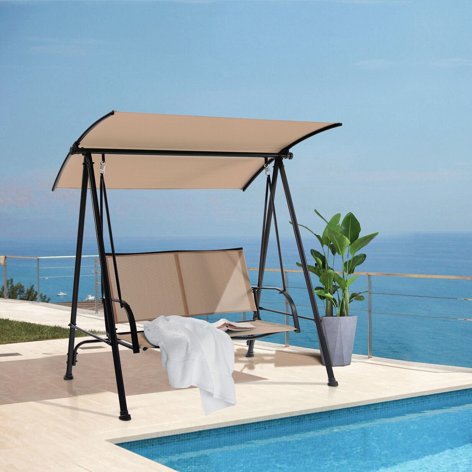 2-Seat Outdoor Canopy Swing with Comfortable Fabric Seat and Heavy-duty Metal Frame, Beige Porch Swings   at Gallery Canada