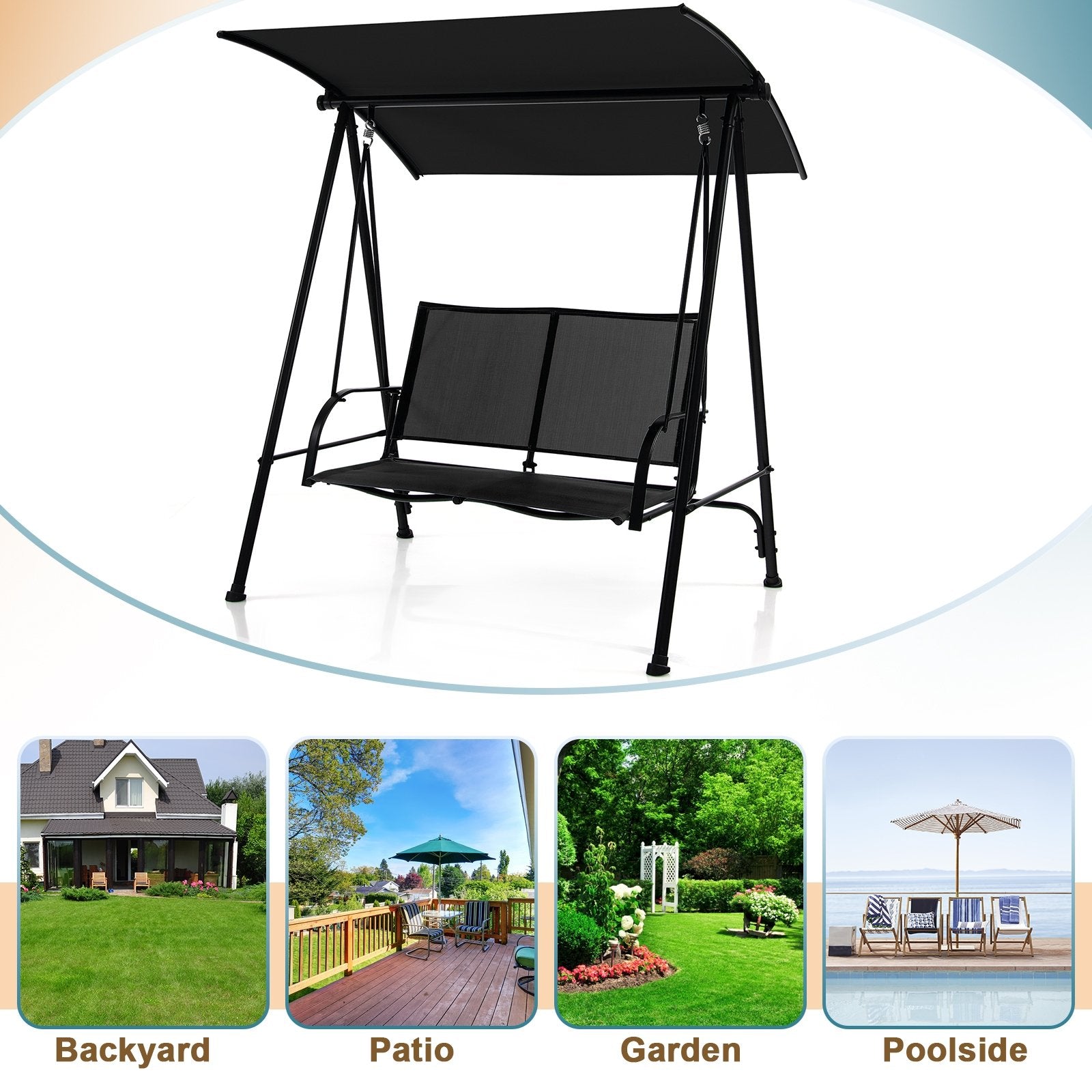 2-Seat Outdoor Canopy Swing with Comfortable Fabric Seat and Heavy-duty Metal Frame, Black Porch Swings   at Gallery Canada