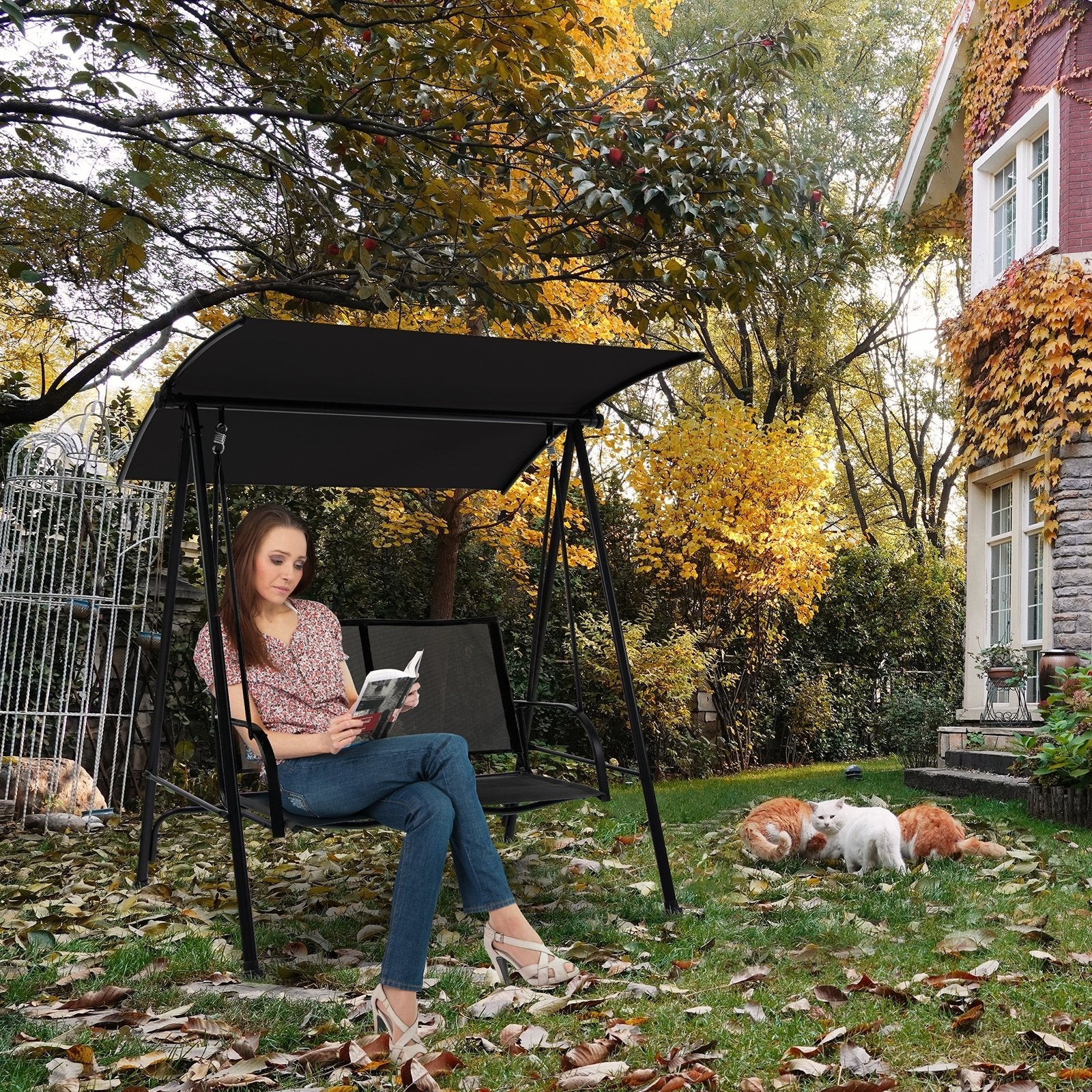 2-Seat Outdoor Canopy Swing with Comfortable Fabric Seat and Heavy-duty Metal Frame, Black Porch Swings   at Gallery Canada