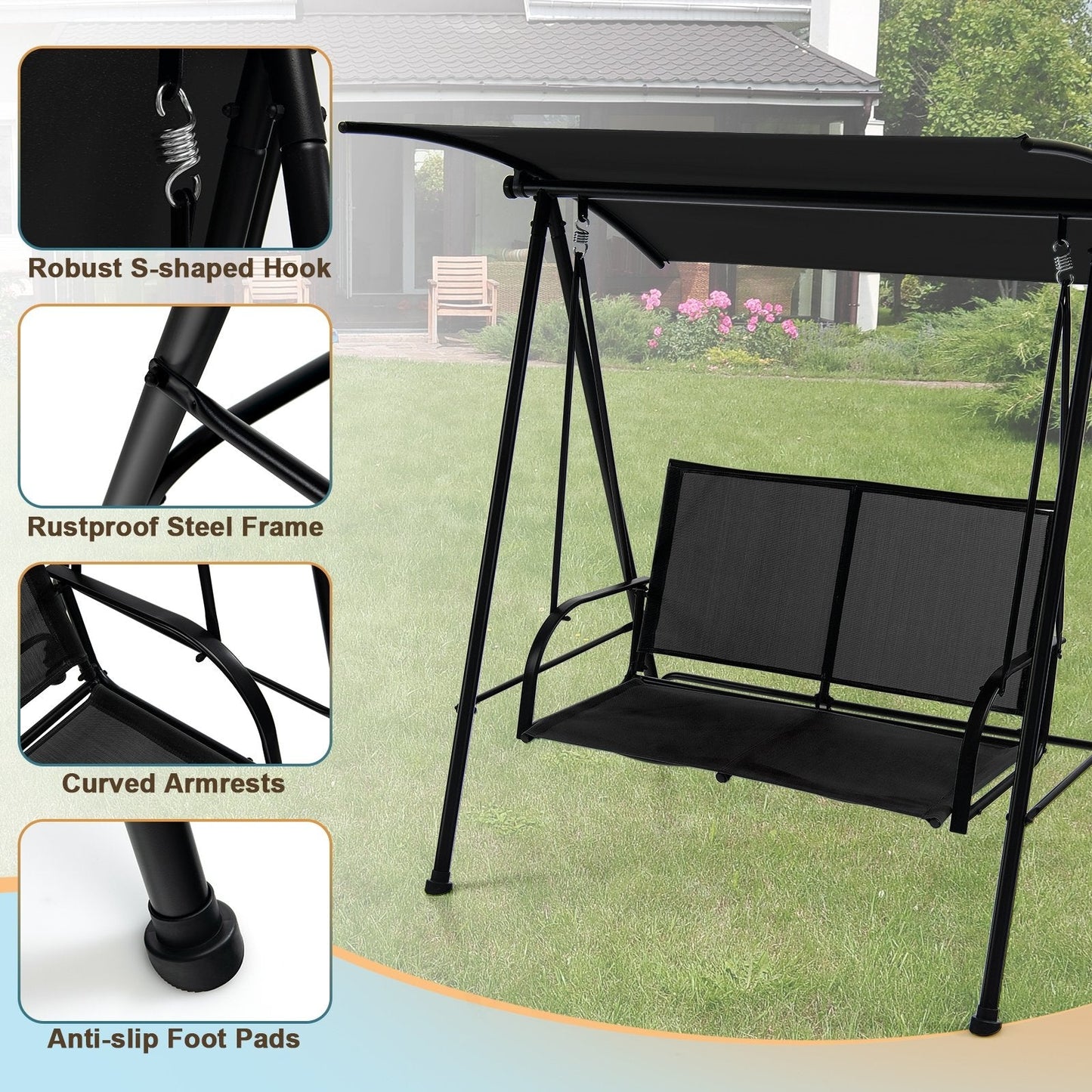 2-Seat Outdoor Canopy Swing with Comfortable Fabric Seat and Heavy-duty Metal Frame, Black Porch Swings   at Gallery Canada