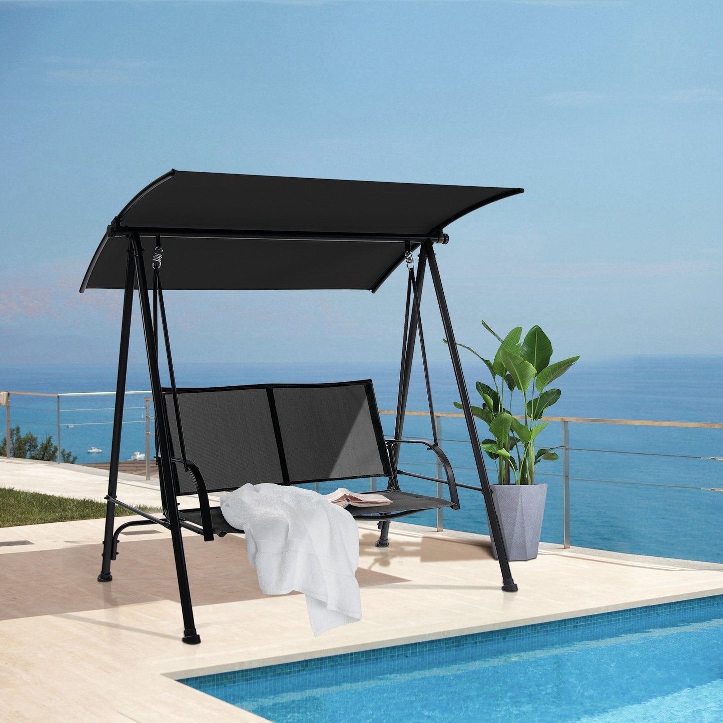 2-Seat Outdoor Canopy Swing with Comfortable Fabric Seat and Heavy-duty Metal Frame, Black Porch Swings   at Gallery Canada