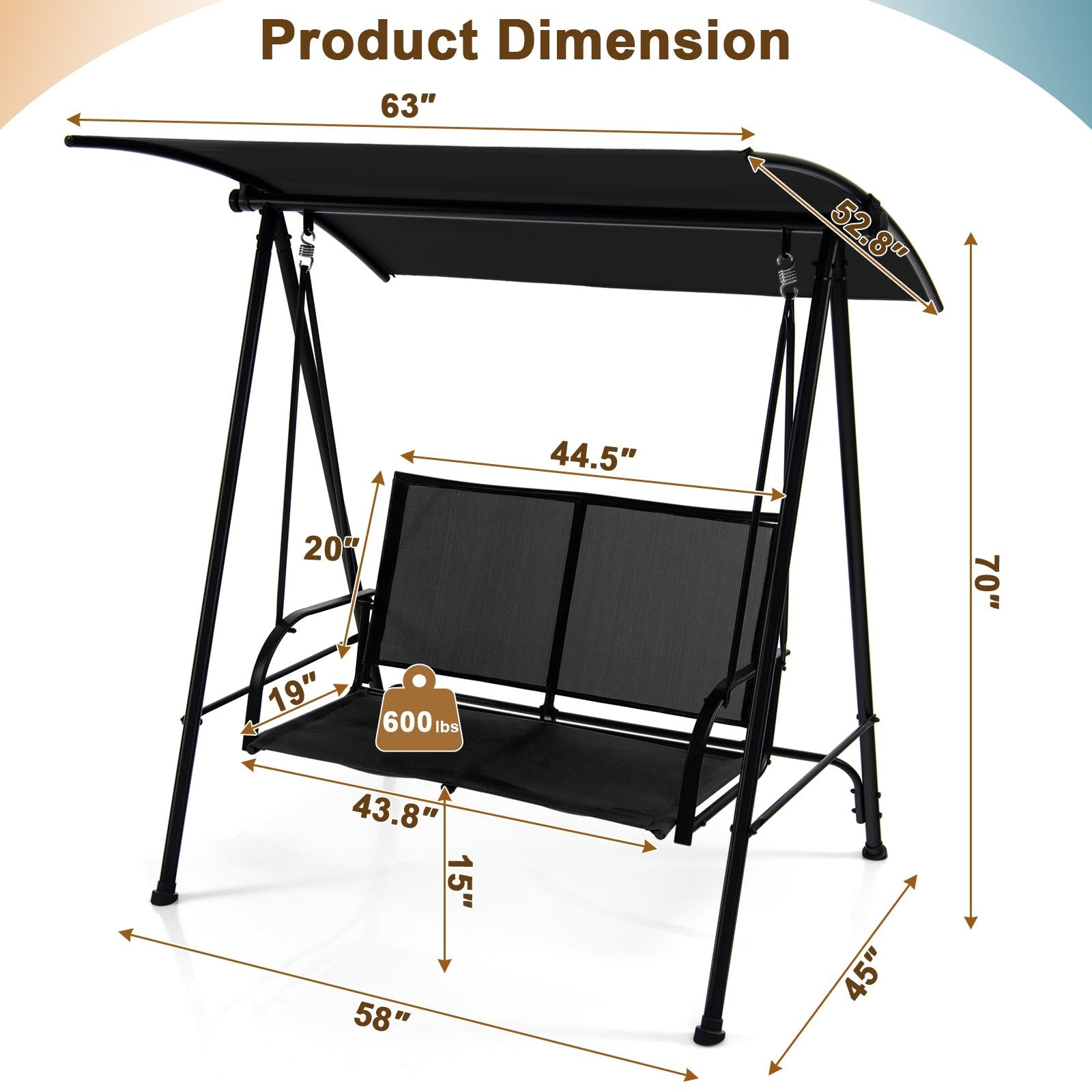 2-Seat Outdoor Canopy Swing with Comfortable Fabric Seat and Heavy-duty Metal Frame, Black Porch Swings   at Gallery Canada