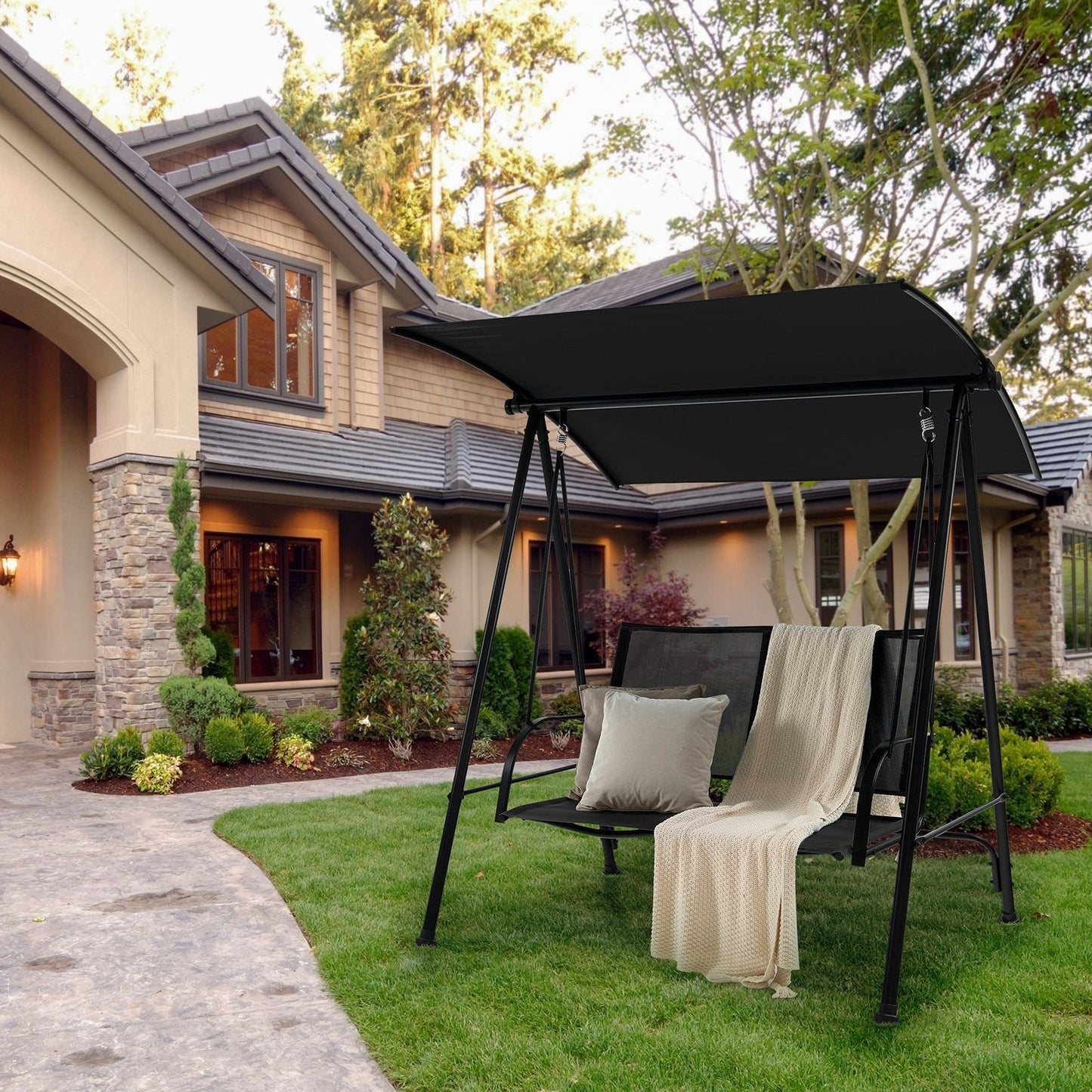 2-Seat Outdoor Canopy Swing with Comfortable Fabric Seat and Heavy-duty Metal Frame, Black Porch Swings   at Gallery Canada