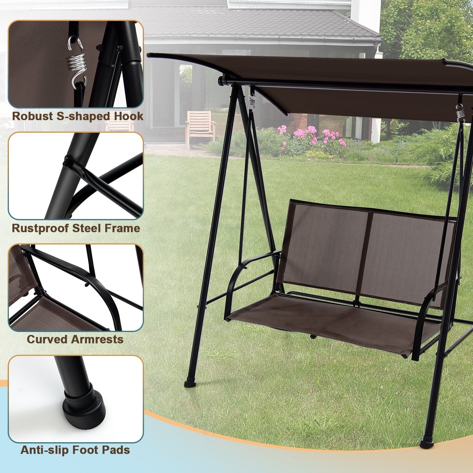 2-Seat Outdoor Canopy Swing with Comfortable Fabric Seat and Heavy-duty Metal Frame, Brown Porch Swings   at Gallery Canada