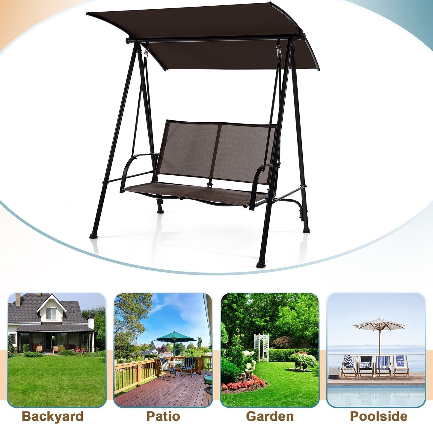 2-Seat Outdoor Canopy Swing with Comfortable Fabric Seat and Heavy-duty Metal Frame, Brown Porch Swings   at Gallery Canada