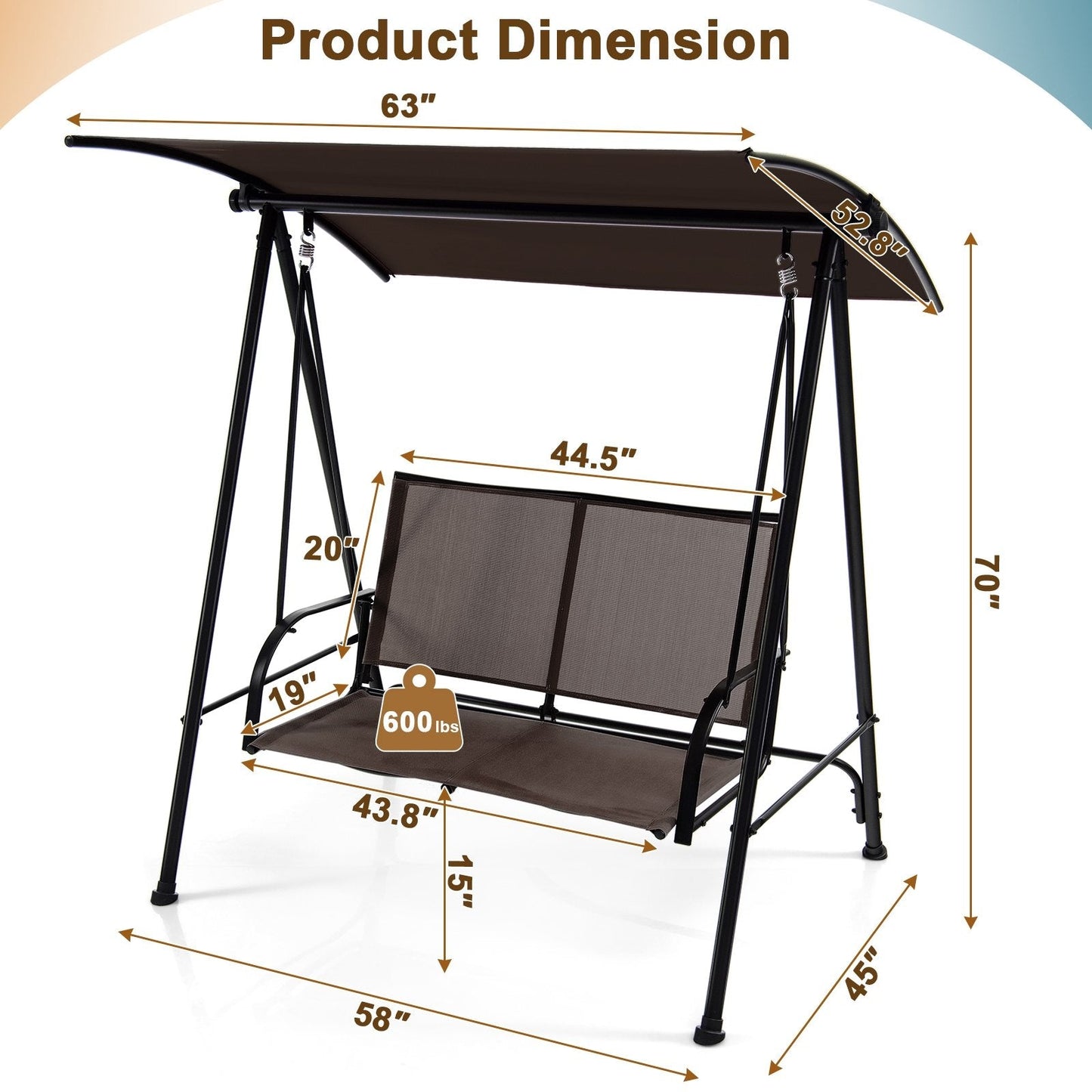 2-Seat Outdoor Canopy Swing with Comfortable Fabric Seat and Heavy-duty Metal Frame, Brown Porch Swings   at Gallery Canada