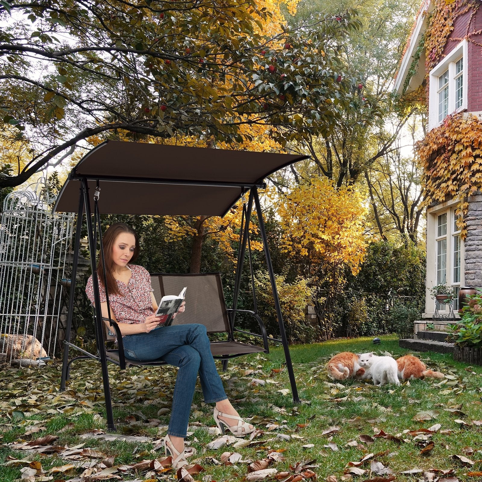 2-Seat Outdoor Canopy Swing with Comfortable Fabric Seat and Heavy-duty Metal Frame, Brown Porch Swings   at Gallery Canada