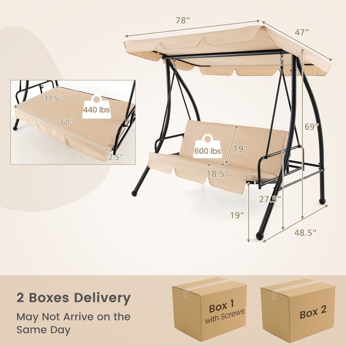 2-Seat Outdoor Convertible Swing Chair with Flat Bed and Adjustable Canopy, Beige Patio Rocking Chairs & Gliders   at Gallery Canada