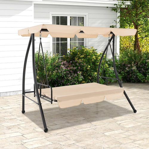 2-Seat Outdoor Convertible Swing Chair with Flat Bed and Adjustable Canopy, Beige