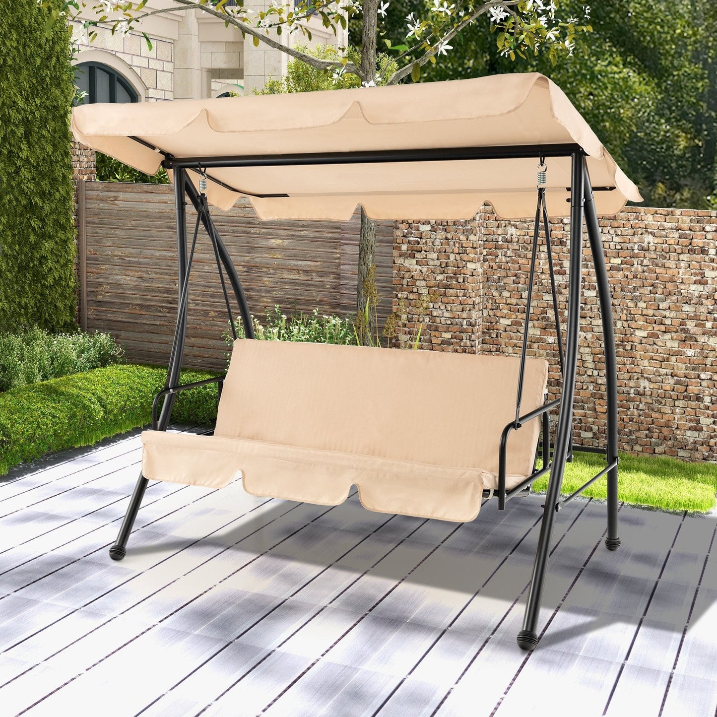 2-Seat Outdoor Convertible Swing Chair with Flat Bed and Adjustable Canopy, Beige Patio Rocking Chairs & Gliders   at Gallery Canada