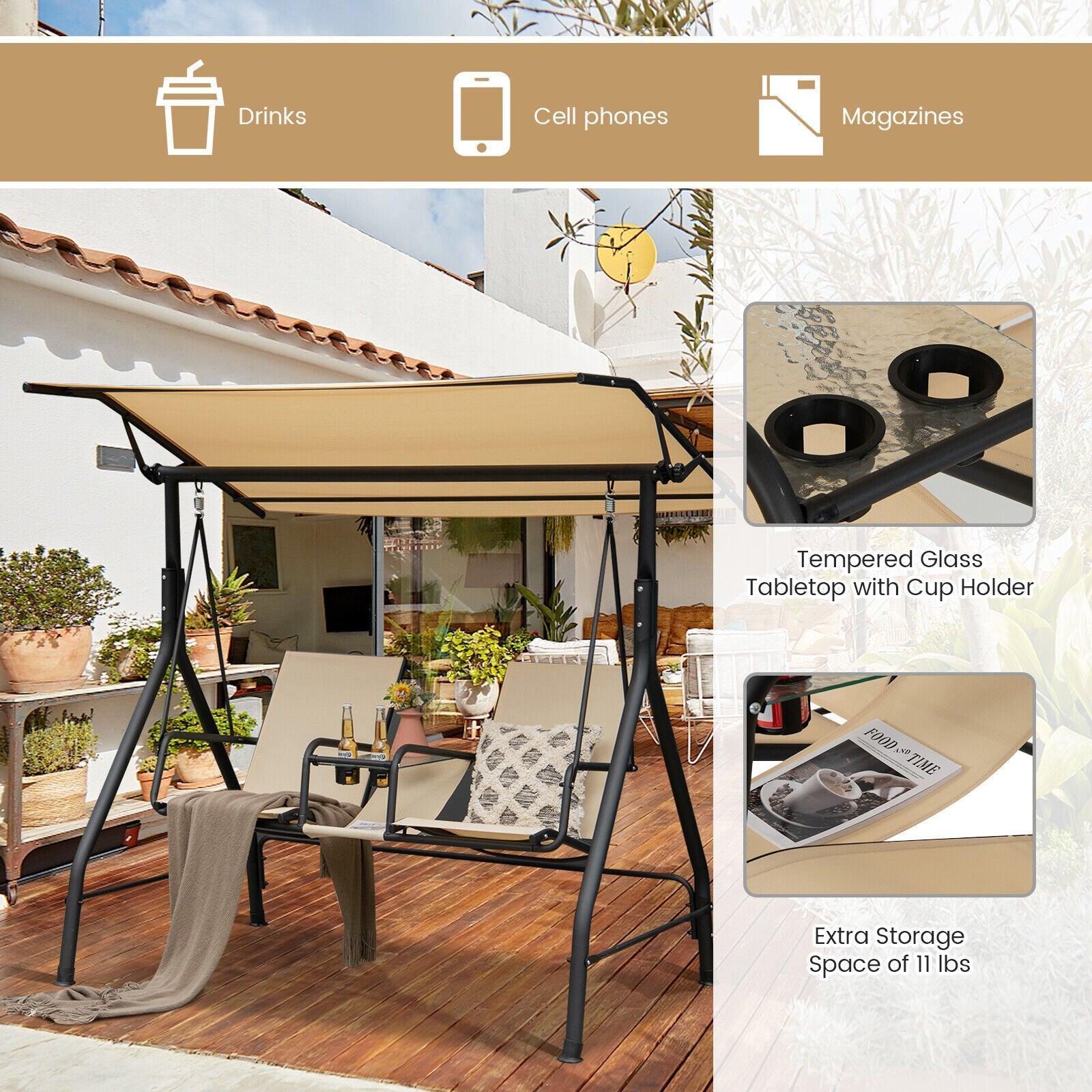 2-Seat Outdoor Cushioned Porch Swing with Adjustable Canopy and Tempered Glass Table, Beige Porch Swings   at Gallery Canada