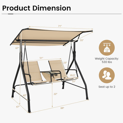 2-Seat Outdoor Cushioned Porch Swing with Adjustable Canopy and Tempered Glass Table, Beige Porch Swings   at Gallery Canada