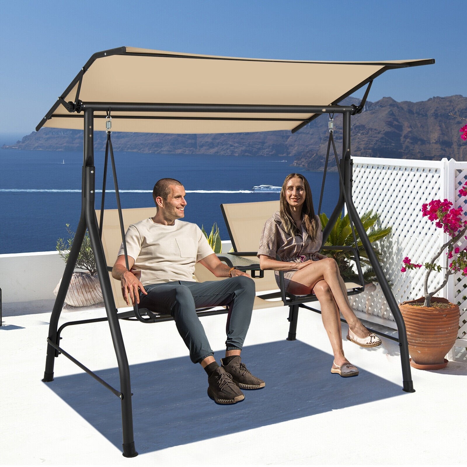 2-Seat Outdoor Cushioned Porch Swing with Adjustable Canopy and Tempered Glass Table, Beige Porch Swings   at Gallery Canada