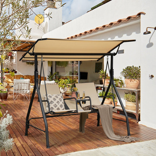 2-Seat Outdoor Cushioned Porch Swing with Adjustable Canopy and Tempered Glass Table, Beige Porch Swings   at Gallery Canada