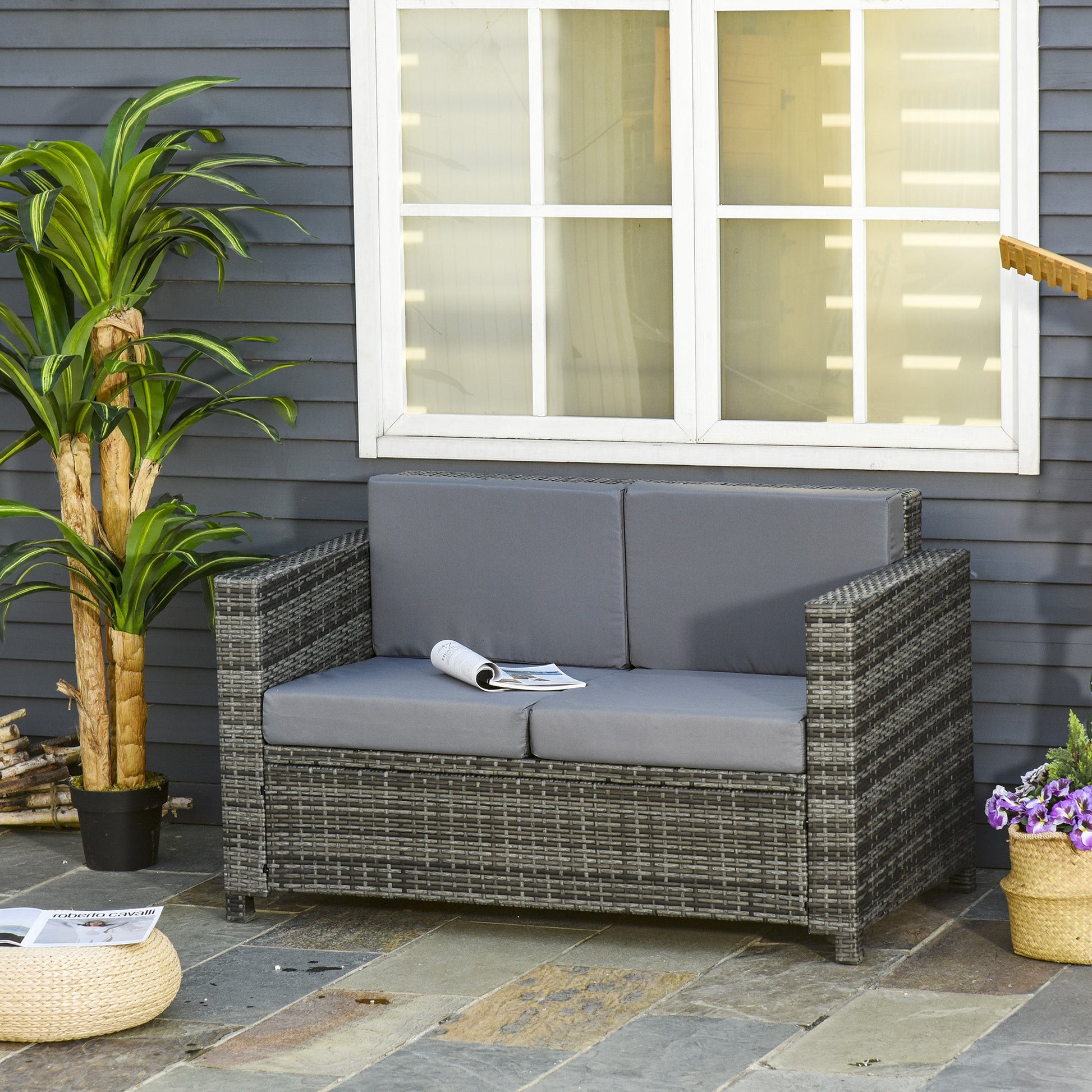 2 Seat Patio Loveseat Deluxe Wicker Sofa Chair Outdoor Rattan Furniture Couch All Weather with Cushion for Balcony, Deck, Garden and Poolside, Grey Patio Furniture Sets   at Gallery Canada