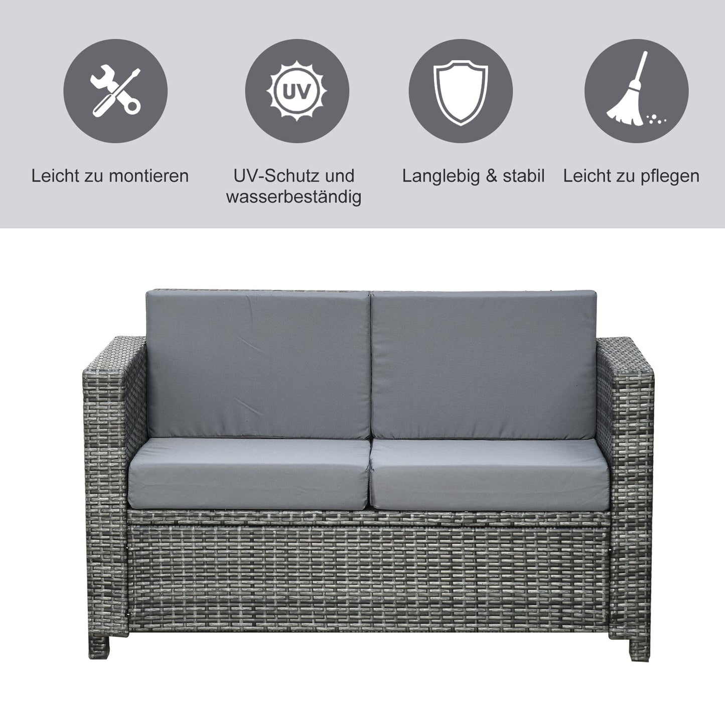 2 Seat Patio Loveseat Deluxe Wicker Sofa Chair Outdoor Rattan Furniture Couch All Weather with Cushion for Balcony, Deck, Garden and Poolside, Grey Patio Furniture Sets   at Gallery Canada