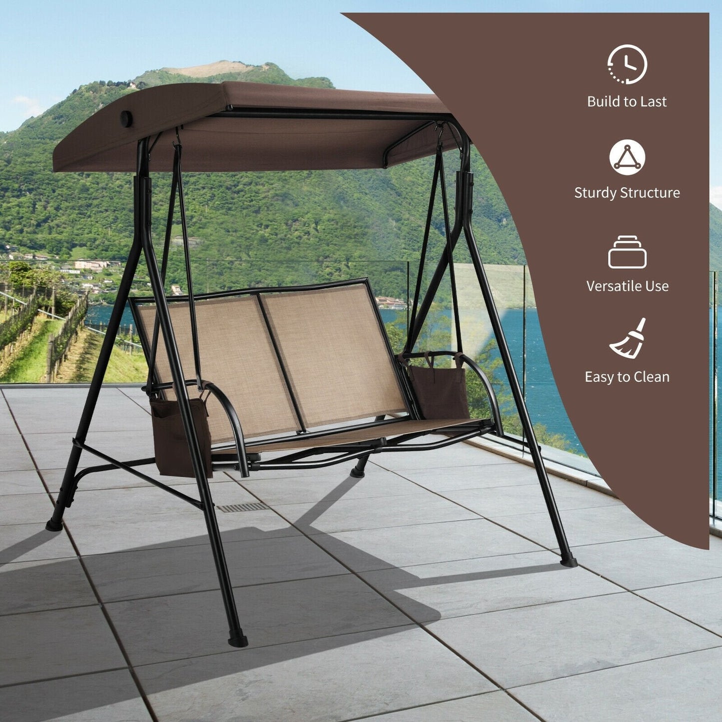 2 Seat Patio Porch Swing with Adjustable Canopy Storage Pockets Brown, Brown Porch Swings   at Gallery Canada