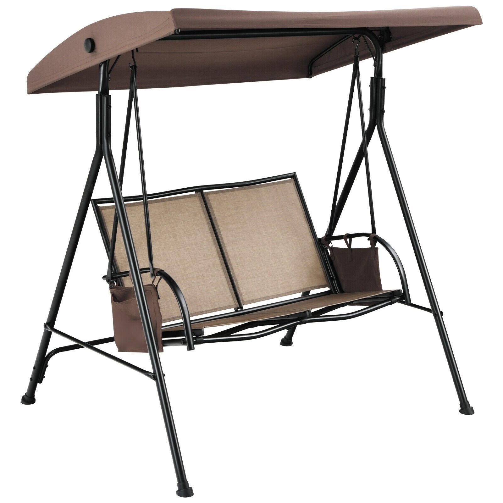 2 Seat Patio Porch Swing with Adjustable Canopy Storage Pockets Brown, Brown Porch Swings   at Gallery Canada