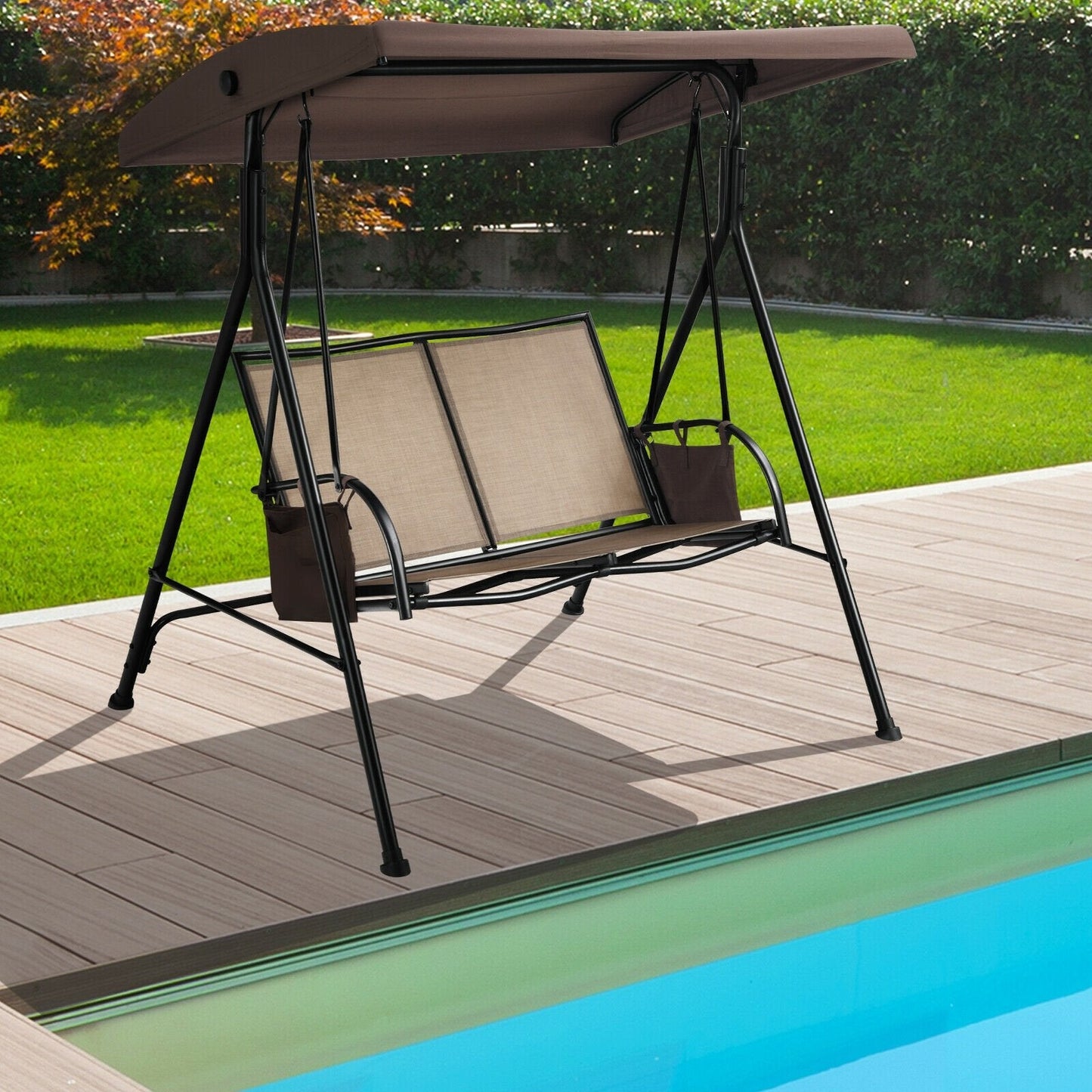 2 Seat Patio Porch Swing with Adjustable Canopy Storage Pockets Brown, Brown Porch Swings   at Gallery Canada